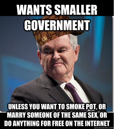 WANTS SMALLER GOVERNMENT  UNLESS YOU WANT TO SMOKE POT, OR MARRY SOMEONE OF THE SAME SEX, OR DO ANYTHING FOR FREE ON THE INTERNET  Scumbag Gingrich