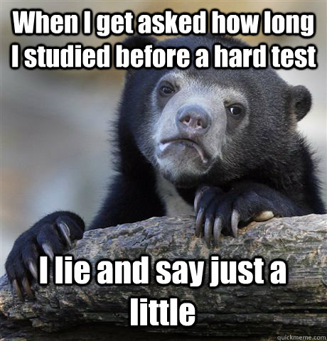 When I get asked how long I studied before a hard test I lie and say just a little  Confession Bear