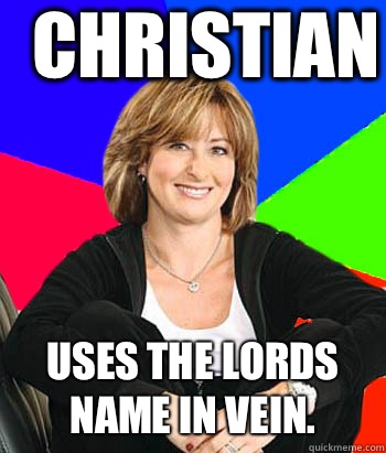 Christian  Uses the lords name in vein.   Sheltering Suburban Mom