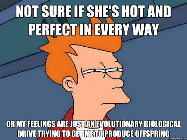 not sure if she's hot and perfect in every way or my feelings are just an evolutionary biological drive trying to get me to produce offspring  Futurama Fry