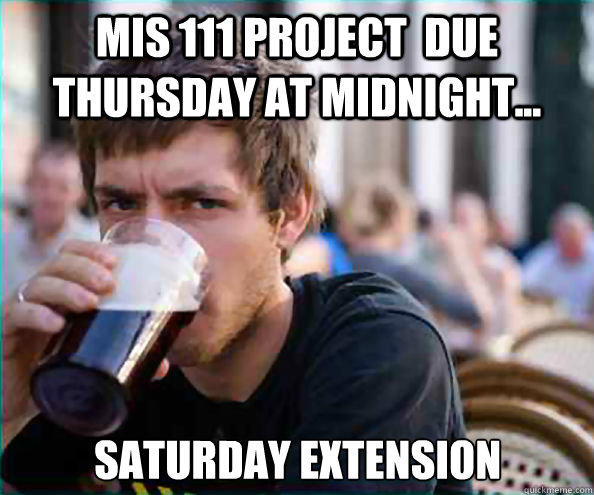 MIS 111 project  due thursday at midnight... saturday extension  Lazy College Senior