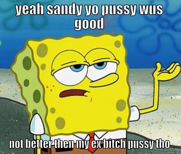 YEAH SANDY YO PUSSY WUS GOOD NOT BETTER THEN MY EX BITCH PUSSY THO Tough Spongebob