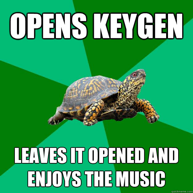 opens keygen leaves it opened and enjoys the music  Torrenting Turtle