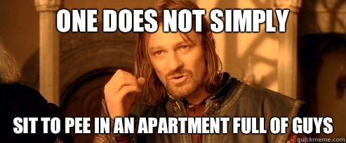 One does not simply Sit to pee in an apartment full of guys  One Does Not Simply