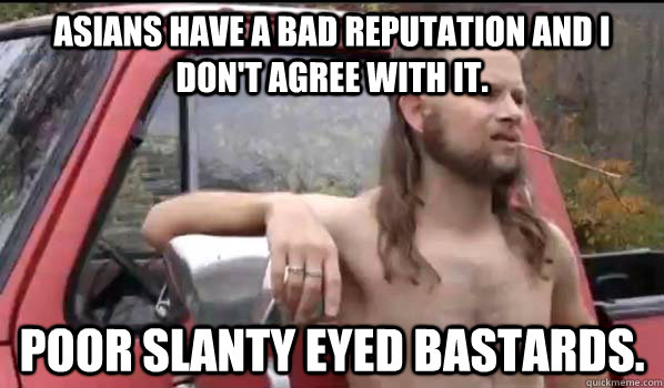 Asians have a bad reputation and i don't agree with it. poor slanty eyed bastards.  Almost Politically Correct Redneck