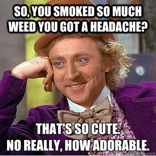 So, you smoked so much weed you got a headache? That's so cute.
No really, how adorable.  Creepy Wonka