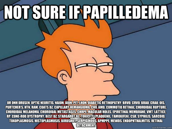 Not sure if papilledema Or ONH drusen, Optic Neuritis, NAION, AION, Pit, LHON, diabetic retinopathy, BRVO, CRVO, BRAO, CRAO, OIS, Purtcher’s, HTN, RAM, Coats Dz, Capillary hemangioma, CNV, AMD, Commotio retinae, choroidal rupture, choroidal melanoma - Not sure if papilledema Or ONH drusen, Optic Neuritis, NAION, AION, Pit, LHON, diabetic retinopathy, BRVO, CRVO, BRAO, CRAO, OIS, Purtcher’s, HTN, RAM, Coats Dz, Capillary hemangioma, CNV, AMD, Commotio retinae, choroidal rupture, choroidal melanoma  Futurama Fry