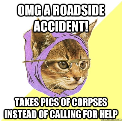 OMG a roadside accident! Takes pics of corpses instead of calling for help - OMG a roadside accident! Takes pics of corpses instead of calling for help  Hipster Kitty