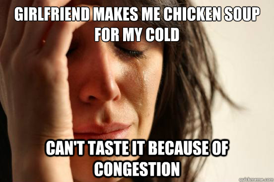 Girlfriend makes me chicken soup for my cold can't taste it because of congestion  First World Problems