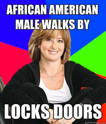 African american male walks by locks doors  Sheltering Suburban Mom