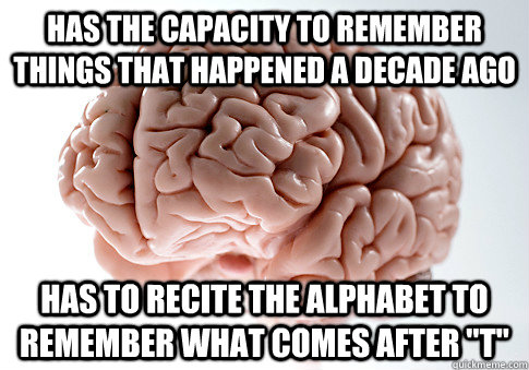 Has the capacity to remember things that happened a decade ago has to recite the alphabet to remember what comes after 