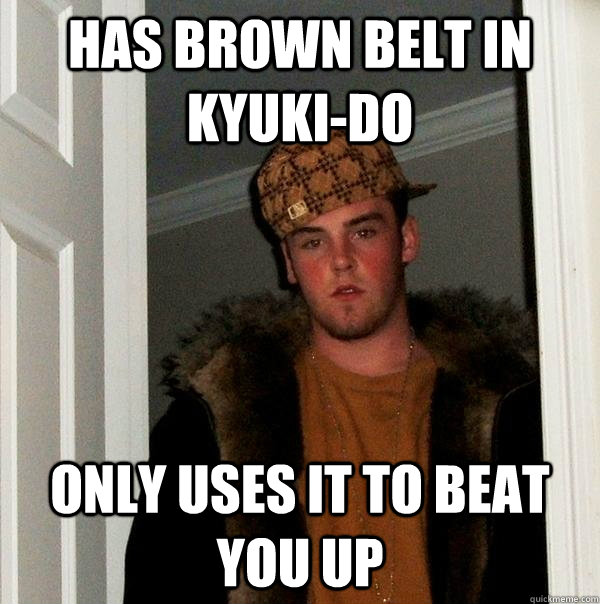 has brown belt in kyuki-do only uses it to beat you up - has brown belt in kyuki-do only uses it to beat you up  Scumbag Steve