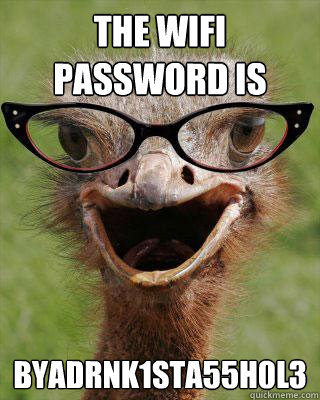 the wifi password is byadrnk1sta55h0l3  Judgmental Bookseller Ostrich