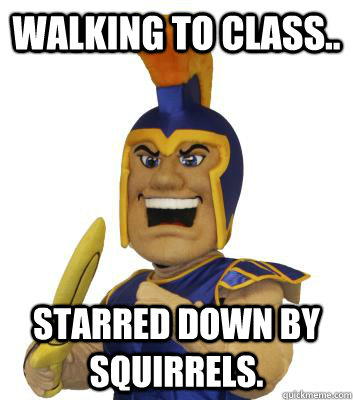 walking to class.. starred down by squirrels.   SJSU Sammy the Spartan