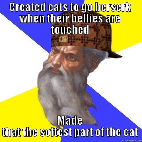 CREATED CATS TO GO BERSERK WHEN THEIR BELLIES ARE TOUCHED MADE THAT THE SOFTEST PART OF THE CAT Scumbag Advice God