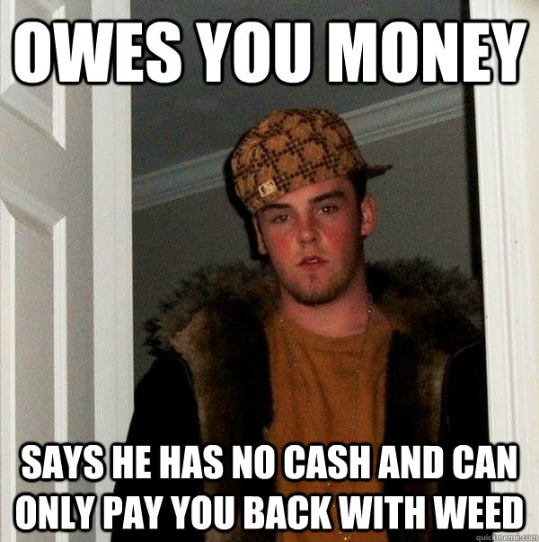 owes you money says he has no cash and can only pay you back with weed - owes you money says he has no cash and can only pay you back with weed  Scumbag Steve