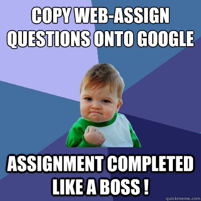 copy web-assign questions onto google assignment completed like a boss !  Success Kid