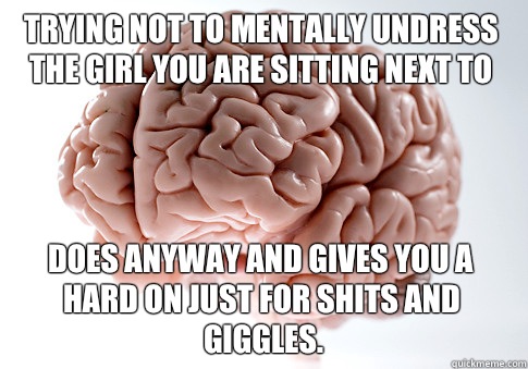 Trying not to mentally undress the girl you are sitting next to Does anyway and gives you a hard on just for shits and giggles.   Scumbag Brain