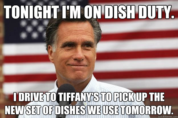 Tonight I'm on dish duty. I drive to Tiffany's to pick up the new set of dishes we use tomorrow.  