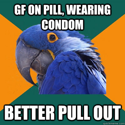 gf on pill, wearing condom better pull out  Paranoid Parrot