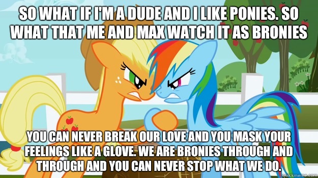 So what if I'm a dude and I like ponies. So what that me and max watch it as bronies  You can never break our love and you mask your feelings like a glove. We are bronies through and through and you can never stop what we do.   applejack and rainbowdash