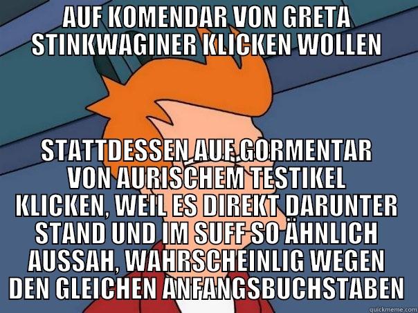 AUF KOMENDAR VON GRETA STINKWAGINER KLICKEN WOLLEN STATTDESSEN AUF GORMENTAR VON AURISCHEM TESTIKEL KLICKEN, WEIL ES DIREKT DARUNTER STAND UND IM SUFF SO ÄHNLICH AUSSAH, WAHRSCHEINLIG WEGEN DEN GLEICHEN ANFANGSBUCHSTABEN Futurama Fry