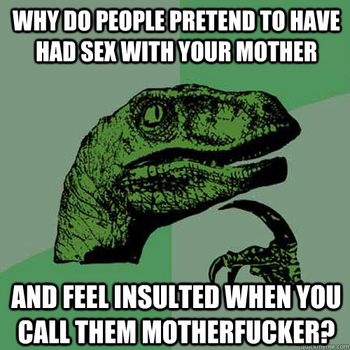 Why do people pretend to have had sex with your mother and feel insulted when you call them motherfucker? - Why do people pretend to have had sex with your mother and feel insulted when you call them motherfucker?  Philosoraptor