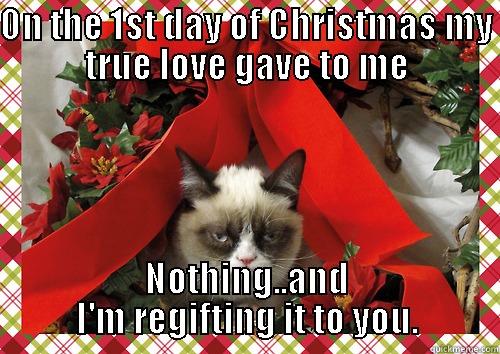 12 days of Grumpy Cat  - ON THE 1ST DAY OF CHRISTMAS MY TRUE LOVE GAVE TO ME NOTHING..AND I'M REGIFTING IT TO YOU. merry christmas