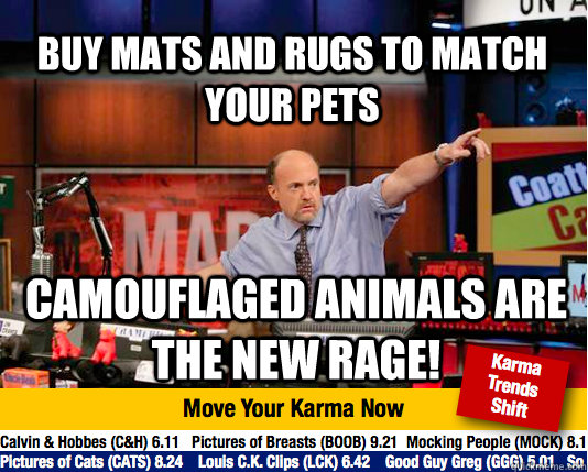 Buy mats and rugs to match your pets camouflaged animals are the new rage!  Mad Karma with Jim Cramer