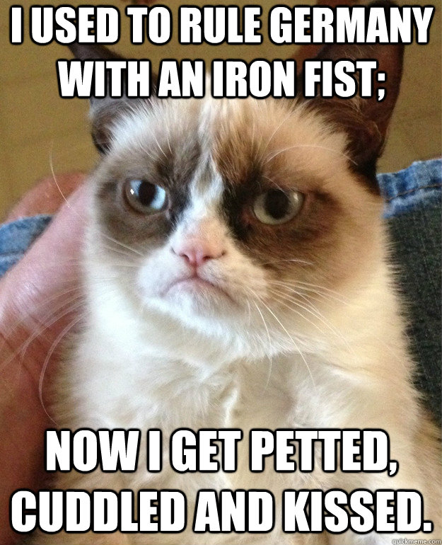 I used to rule Germany with an iron fist; now I get petted, cuddled and kissed. - I used to rule Germany with an iron fist; now I get petted, cuddled and kissed.  Grumpy Cat