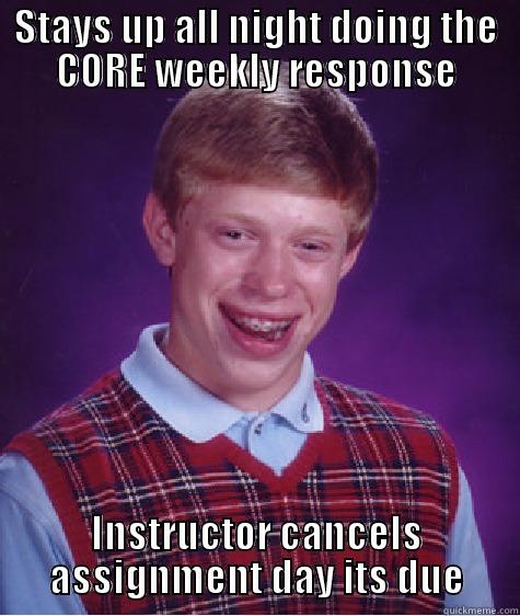 Core 1 Success-4 - STAYS UP ALL NIGHT DOING THE CORE WEEKLY RESPONSE INSTRUCTOR CANCELS ASSIGNMENT DAY ITS DUE Bad Luck Brian