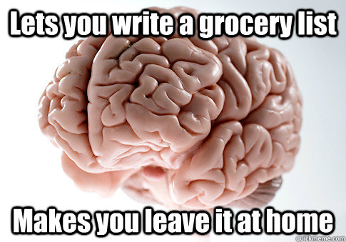 Lets you write a grocery list Makes you leave it at home  - Lets you write a grocery list Makes you leave it at home   Scumbag Brain