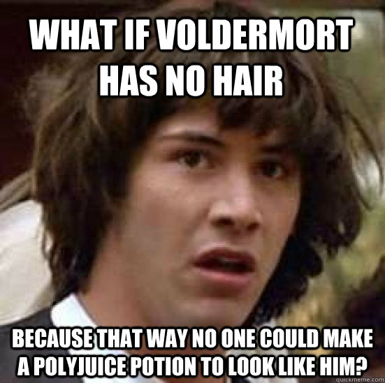 what if voldermort has no hair because that way no one could make a polyjuice potion to look like him?  conspiracy keanu