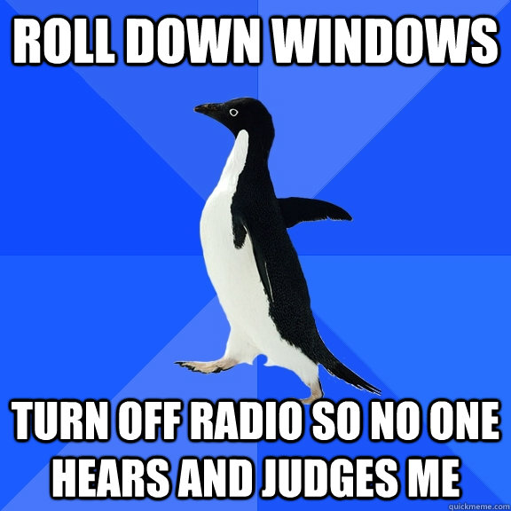 Roll down windows Turn off radio so no one hears and judges me  Socially Awkward Penguin