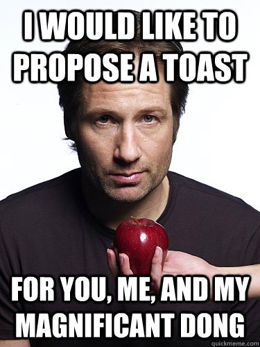 I would like to propose a toast For you, me, and my magnificant dong - I would like to propose a toast For you, me, and my magnificant dong  Irresistible Hank Moody