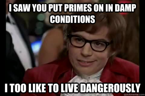 i saw you put primes on in damp conditions i too like to live dangerously  Dangerously - Austin Powers