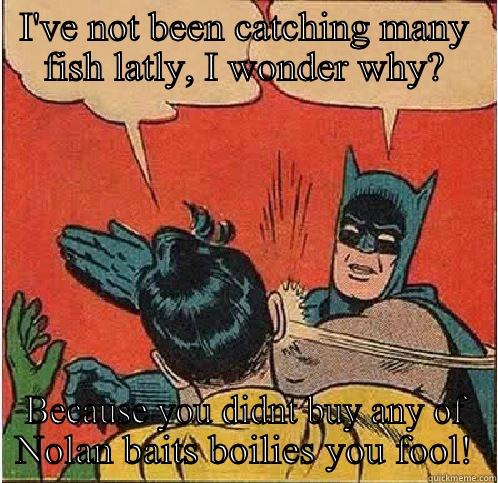 I'VE NOT BEEN CATCHING MANY FISH LATLY, I WONDER WHY? BECAUSE YOU DIDN'T BUY ANY OF NOLAN BAITS BOILIES YOU FOOL! Batman Slapping Robin