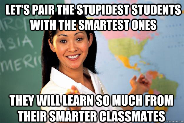 let's pair the stupidest students with the smartest ones they will learn so much from their smarter classmates  Unhelpful High School Teacher