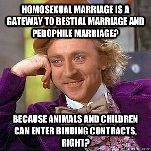 Homosexual marriage is a gateway to bestial marriage and pedophile marriage? Because animals and children can enter binding contracts, right?  Condescending Wonka