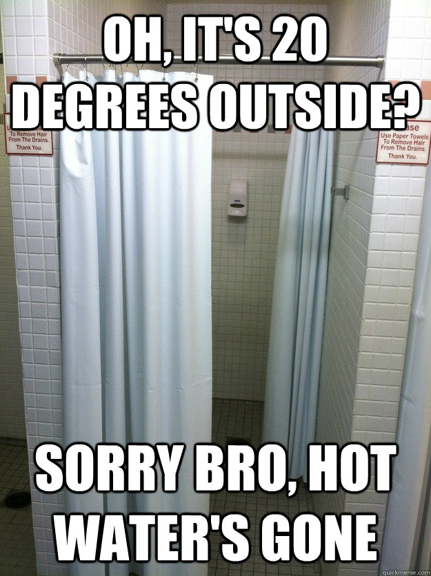 Oh, it's 20 degrees outside? Sorry bro, hot water's gone  Scumbag College Shower