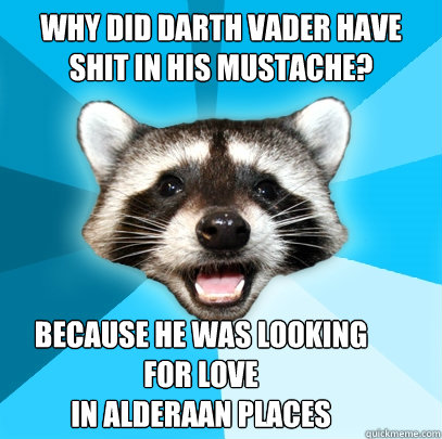 Why did Darth Vader have shit in his mustache? Because he was looking for love
in alderaan places  Lame Pun Coon