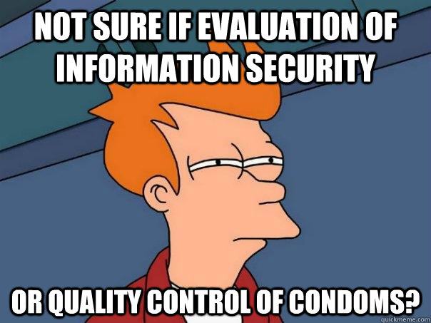 Not sure if evaluation of information security or quality control of condoms?  Futurama Fry