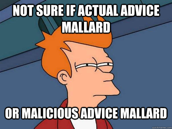 Not sure if actual advice mallard Or malicious advice mallard  Futurama Fry