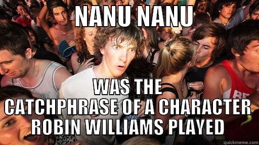 NANU NANU -                 NANU NANU               WAS THE CATCHPHRASE OF A CHARACTER ROBIN WILLIAMS PLAYED Sudden Clarity Clarence