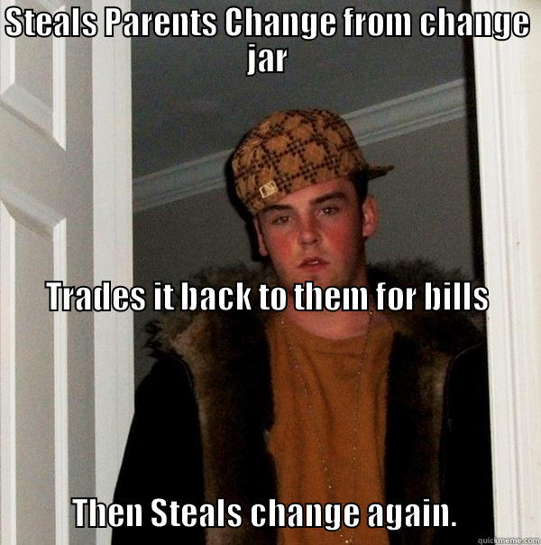 Scumbag Steve - STEALS PARENTS CHANGE FROM CHANGE JAR TRADES IT BACK TO THEM FOR BILLS                                                                                                                                                                                                                                Scumbag Steve