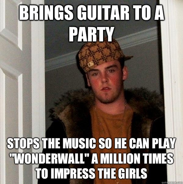 Brings guitar to a party Stops the music so he can play 