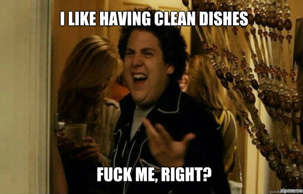 I like having clean dishes FUCK ME, RIGHT?  fuck me right