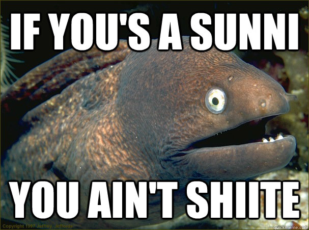 if you's a sunni you ain't shiite - if you's a sunni you ain't shiite  Bad Joke Eel