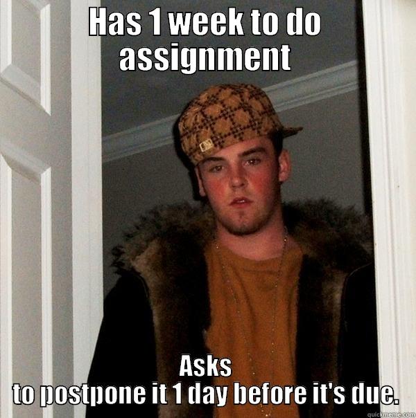 HAS 1 WEEK TO DO ASSIGNMENT ASKS TO POSTPONE IT 1 DAY BEFORE IT'S DUE. Scumbag Steve