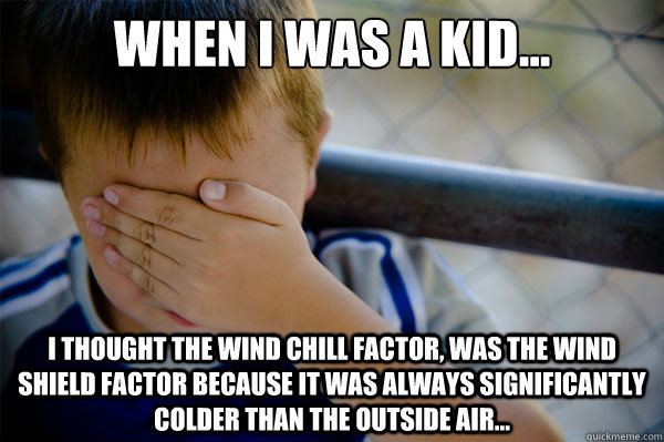 When I was a kid... I thought the wind chill factor, was the wind shield factor because it was always significantly colder than the outside air...  Confession kid